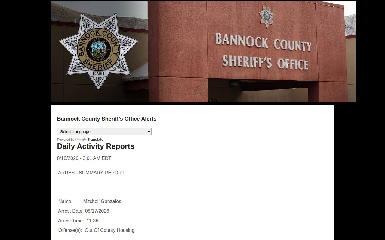 Bannock County AlertSense arrest summary and daily activity report